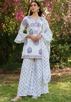 Blue Embroidered Cotton Cambric Sharara Set With Dupatta