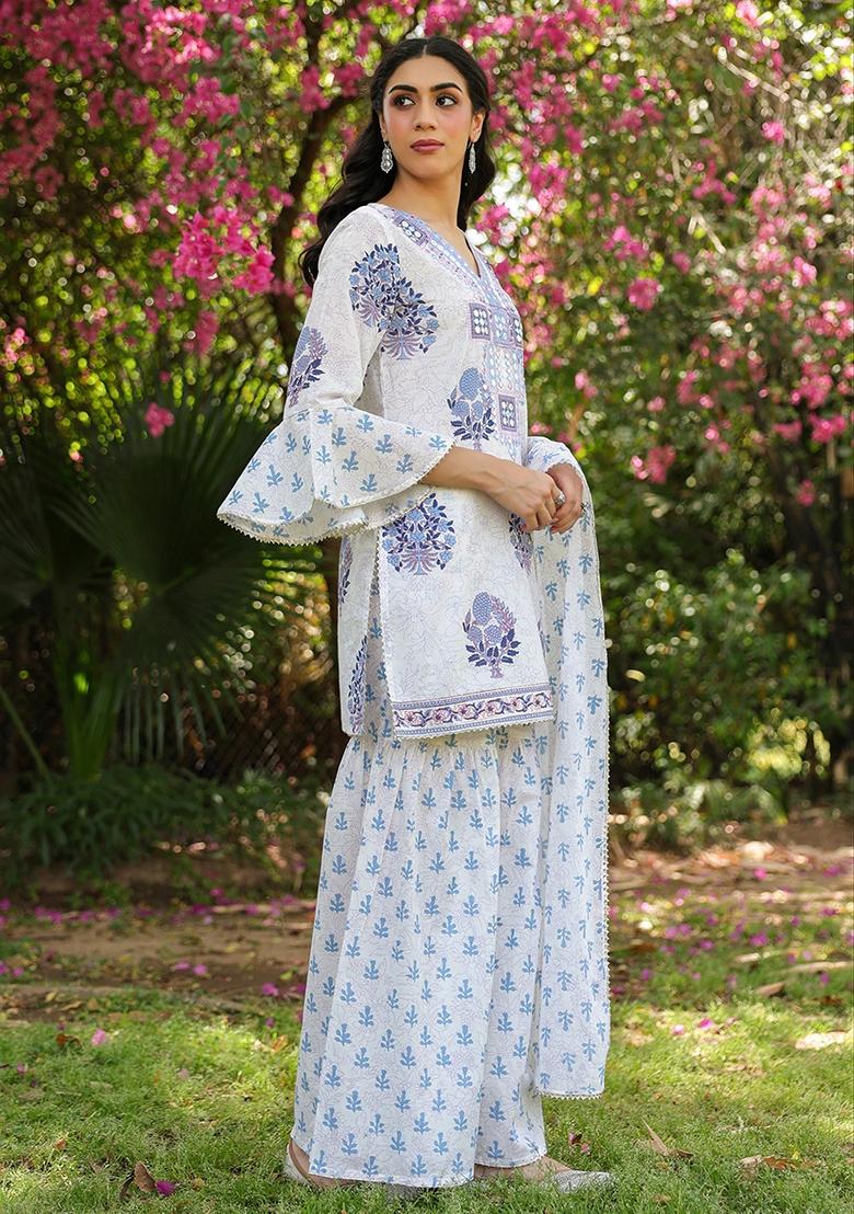 Blue Embroidered Cotton Cambric Sharara Set With Dupatta - Indya