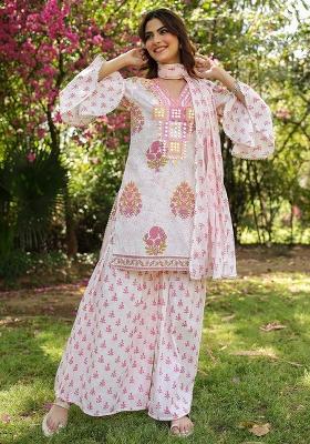 Pink Embroidered Cotton Cambric Sharara Set With Dupatta