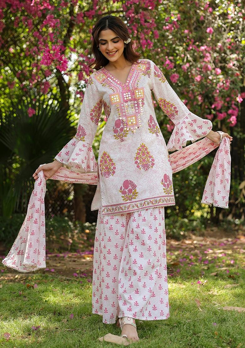 Pink Embroidered Cotton Cambric Sharara Set With Dupatta - Indya