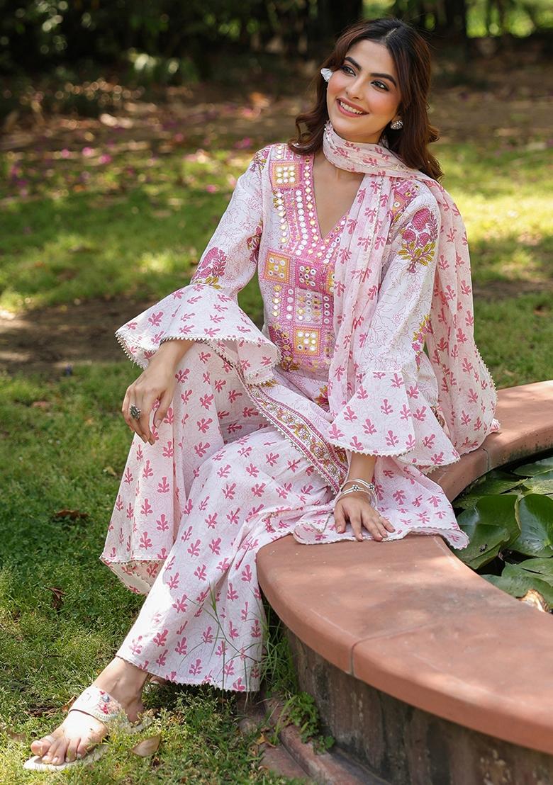Pink Embroidered Cotton Cambric Sharara Set With Dupatta - Indya