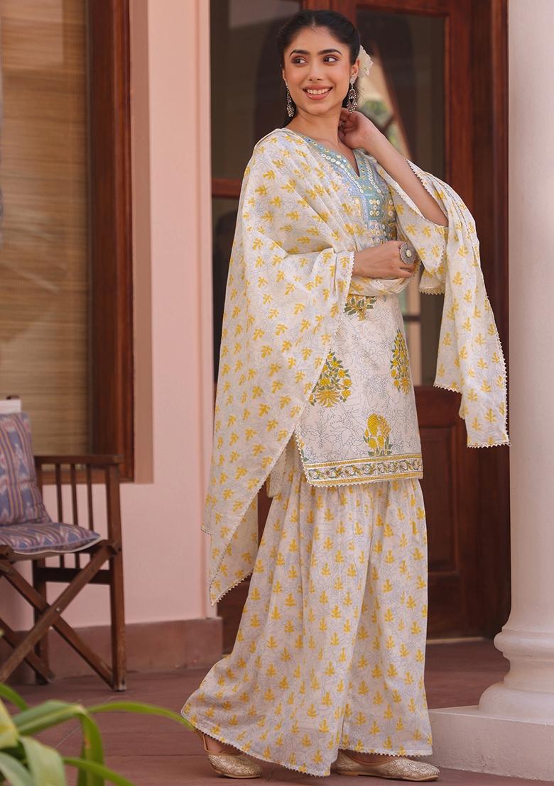Yellow Embroidered Cotton Cambric Sharara Set With Dupatta - Indya