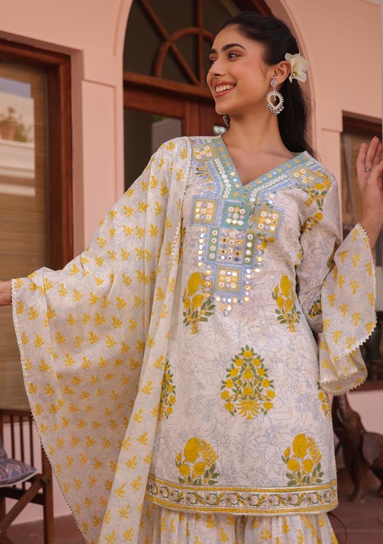 Yellow Embroidered Cotton Cambric Sharara Set With Dupatta - Indya