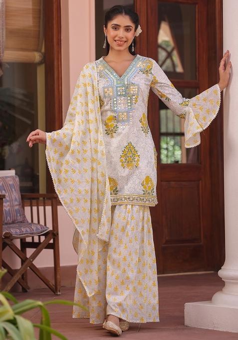 Yellow Embroidered Cotton Cambric Sharara Set With Dupatta