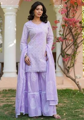 Lavender Khari Printed Cotton Cambric Sharara Set With Dupatta