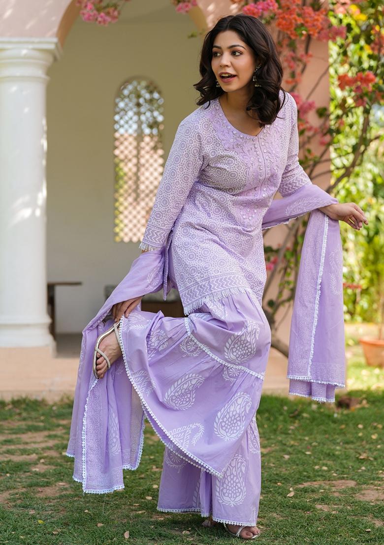 Lavender Khari Printed Cotton Cambric Sharara Set With Dupatta - Indya