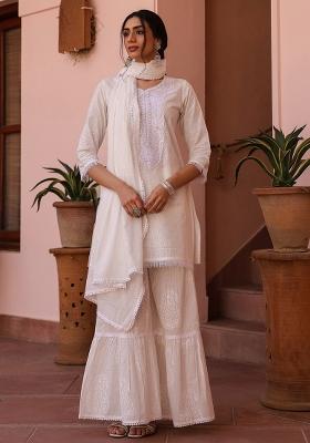 Off White Khari Printed Cotton Cambric Sharara Set With Dupatta