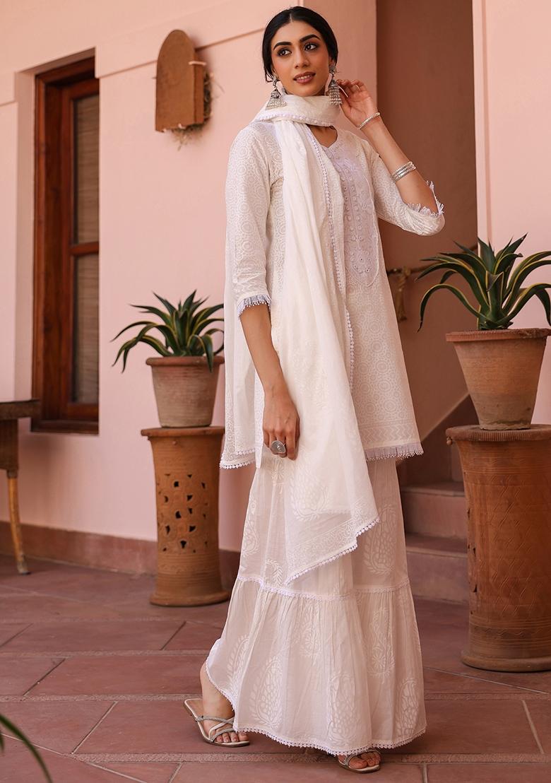 Off White Khari Printed Cotton Cambric Sharara Set With Dupatta - Indya