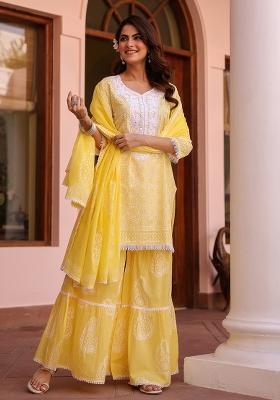 Yellow Khari Printed Cotton Cambric Sharara Set With Dupatta