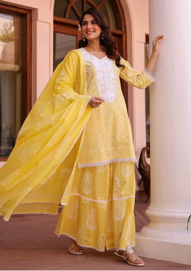 Yellow Khari Printed Cotton Cambric Sharara Set With Dupatta - Indya