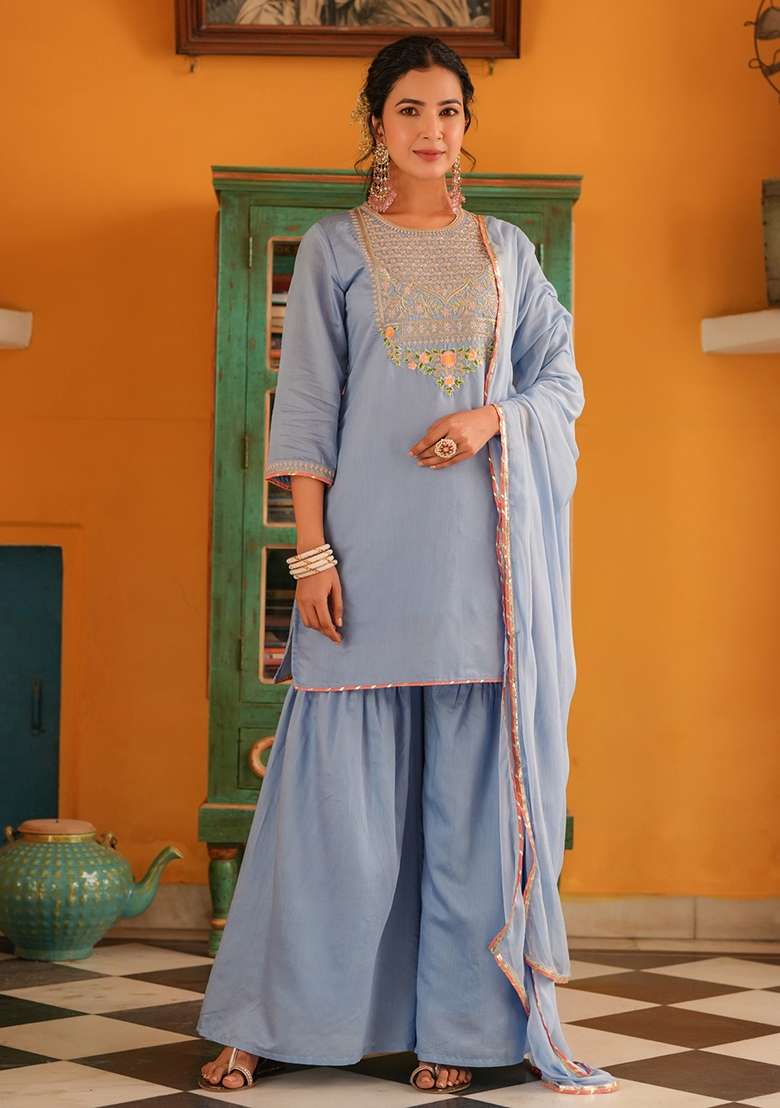 Blue Embroidered Chanderi Silk Sharara Set With Dupatta - Indya
