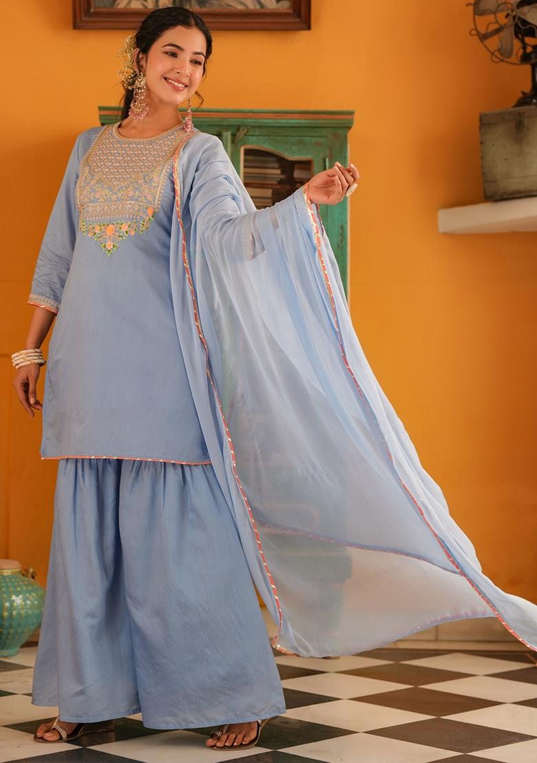 Blue Embroidered Chanderi Silk Sharara Set With Dupatta - Indya