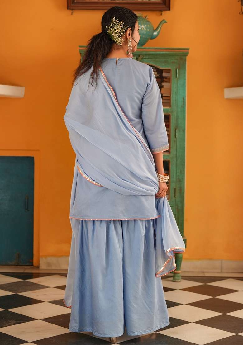 Blue Embroidered Chanderi Silk Sharara Set With Dupatta - Indya