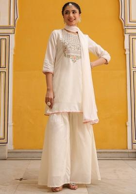 Ivory Embroidered Chanderi Silk Sharara Set With Dupatta