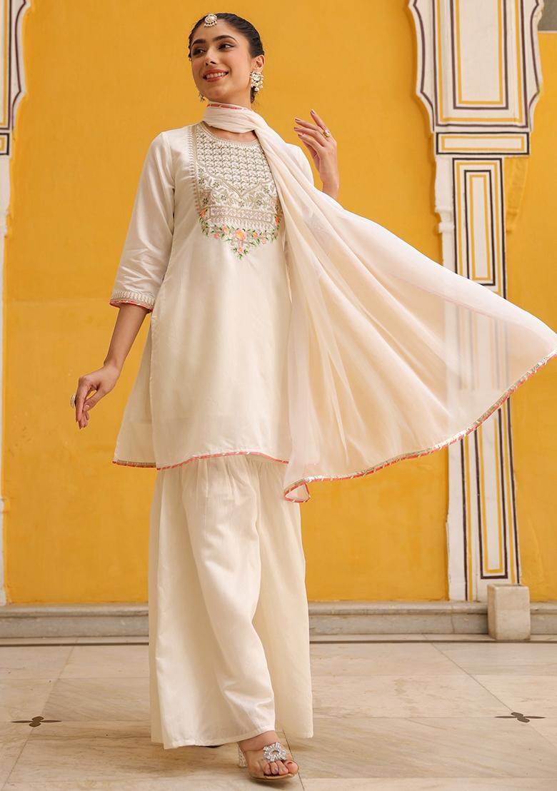 Ivory Embroidered Chanderi Silk Sharara Set With Dupatta - Indya