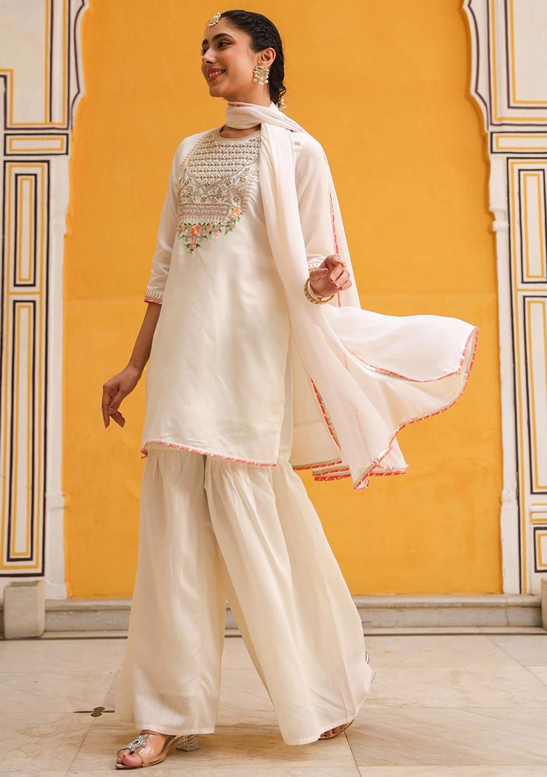 Ivory Embroidered Chanderi Silk Sharara Set With Dupatta - Indya