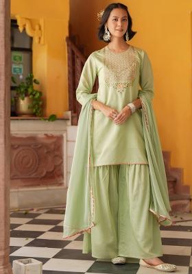 Pista Green Embroidered Chanderi Silk Sharara Set With Dupatta