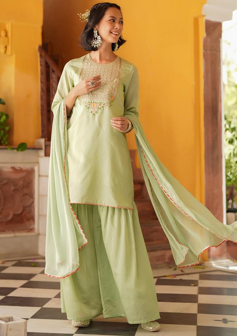 Pista Green Embroidered Chanderi Silk Sharara Set With Dupatta - Indya