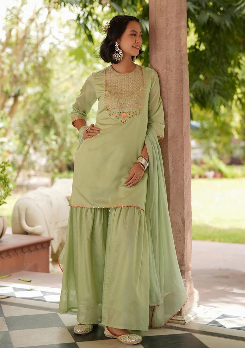 Pista Green Embroidered Chanderi Silk Sharara Set With Dupatta - Indya