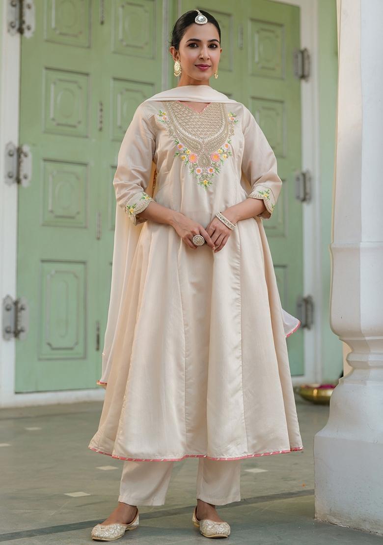 Beige Embroidered Chanderi Silk Anarkali Set With Dupatta - Indya