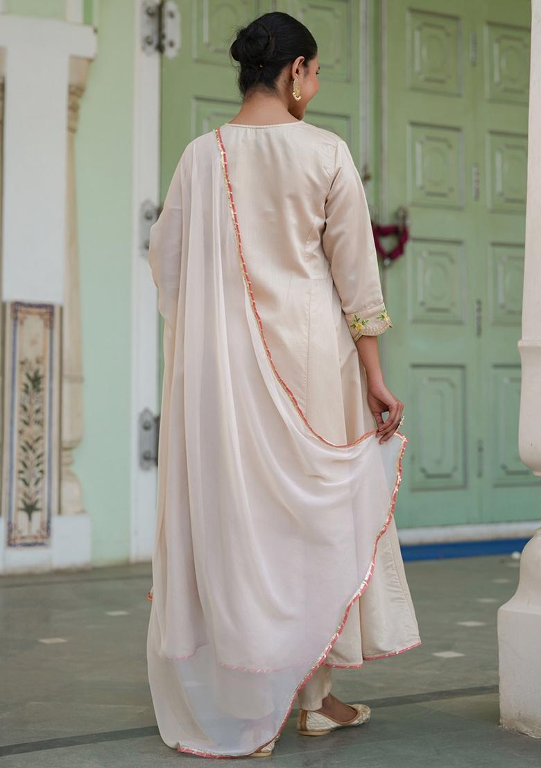 Beige Embroidered Chanderi Silk Anarkali Set With Dupatta - Indya