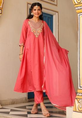 Coral Embroidered Chanderi Silk Anarkali Set With Dupatta