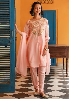 Peach Embroidered Chanderi Silk Anarkali Set With Dupatta
