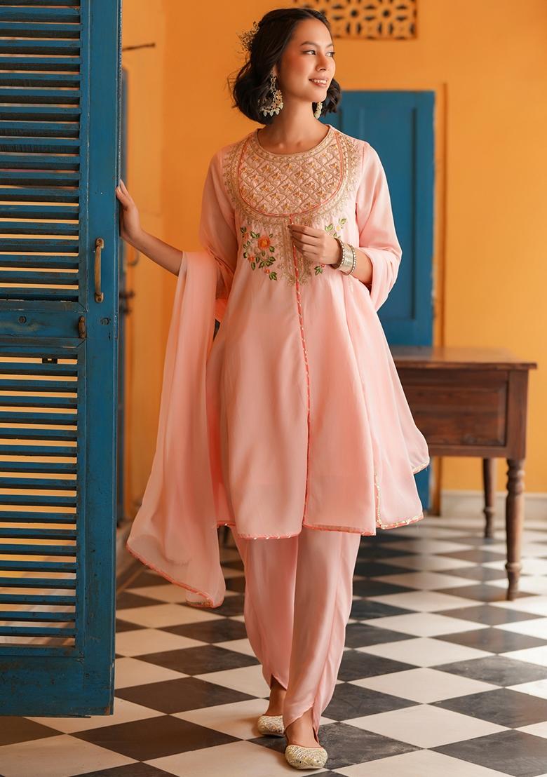 Peach Embroidered Chanderi Silk Anarkali Set With Dupatta - Indya