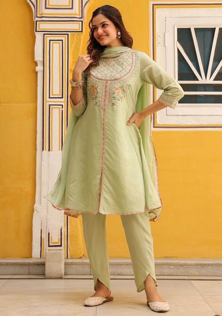 Pista Green Embroidered Chanderi Silk Anarkali Set With Dupatta - Indya