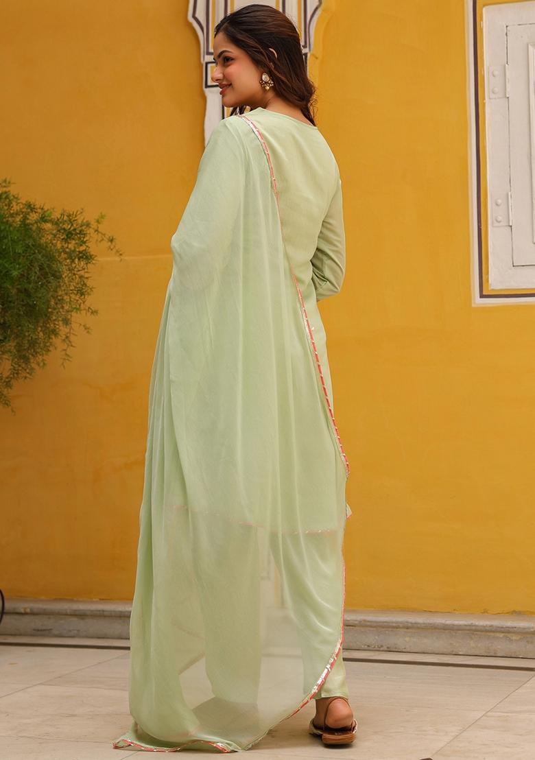 Pista Green Embroidered Chanderi Silk Anarkali Set With Dupatta - Indya