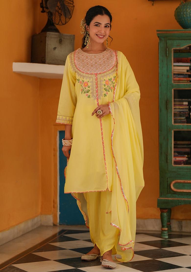 Yellow Embroidered Chanderi Silk Anarkali Set With Dupatta - Indya