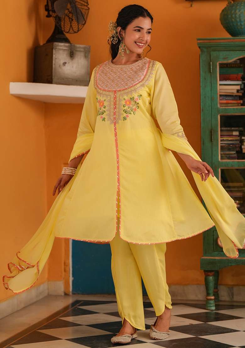 Yellow Embroidered Silk Punjabi Suit - Indya