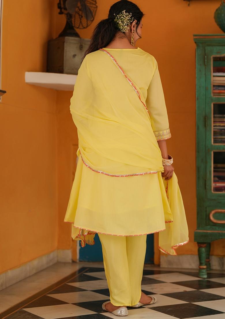 Yellow Embroidered Chanderi Silk Anarkali Set With Dupatta - Indya