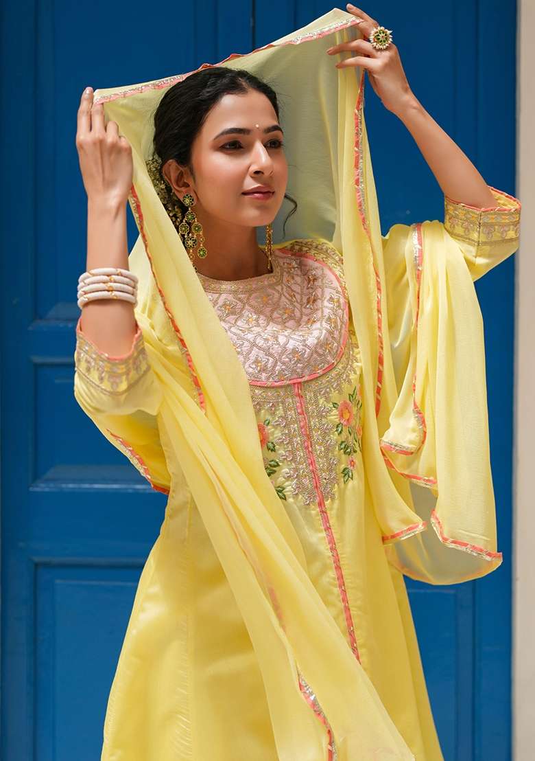 Yellow Embroidered Silk Punjabi Suit - Indya