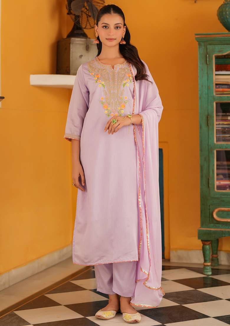 Lavender Embroidered Silk Straight Kurta Set - Indya