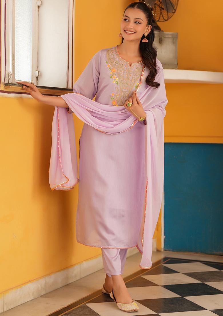 Lavender Embroidered Chanderi Silk Straight Kurta Set - Indya