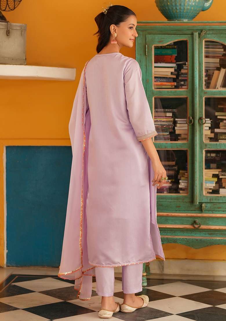 Lavender Embroidered Silk Straight Kurta Set - Indya