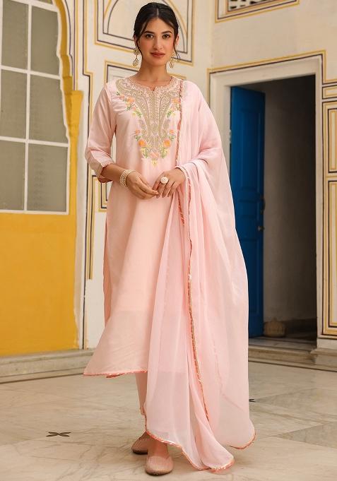 Peach Embroidered Chanderi Silk Straight Kurta Set