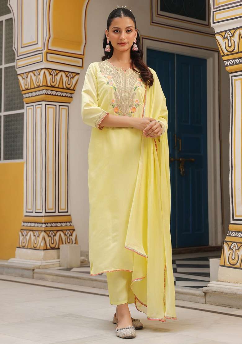 Yellow Embroidered Silk Straight Kurta Set - Indya