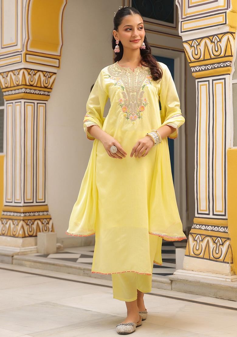Yellow Embroidered Chanderi Silk Straight Kurta Set - Indya