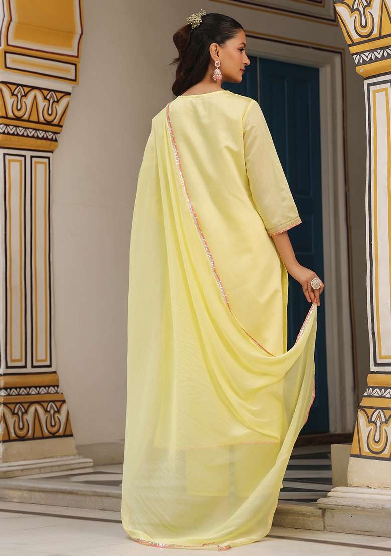 Yellow Embroidered Silk Straight Kurta Set - Indya