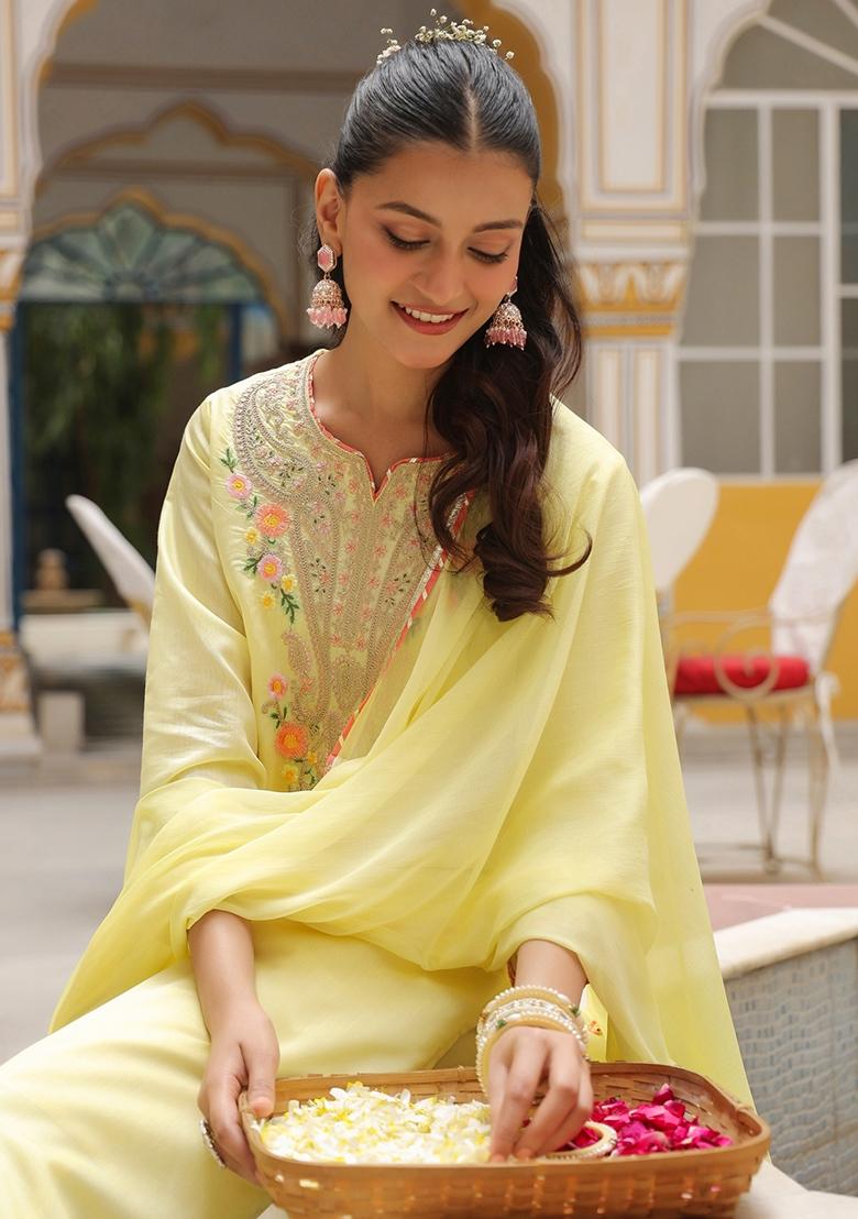 Yellow Embroidered Chanderi Silk Straight Kurta Set - Indya