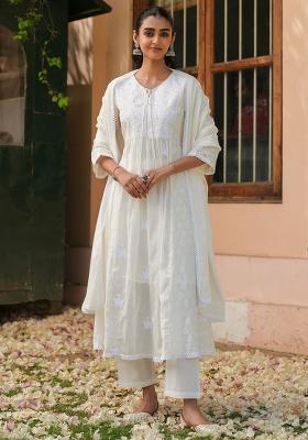 Off White Chikankari Cotton Jacquard Anarkali Set With Dupatta
