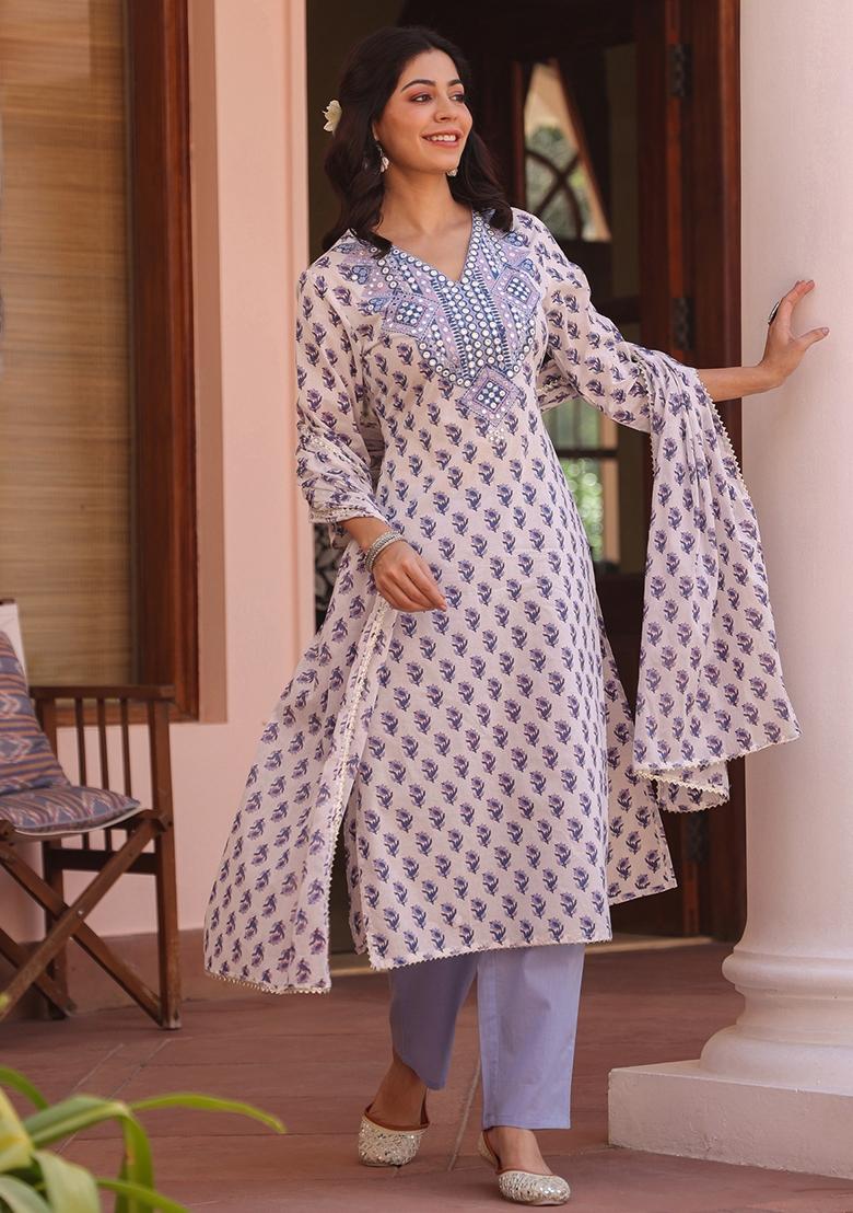 Blue Embroidered Cotton Cambric Straight Kurta Set - Indya