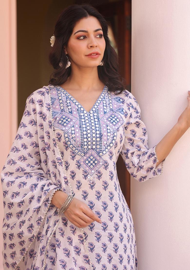 Blue Embroidered Cotton Cambric Straight Kurta Set - Indya