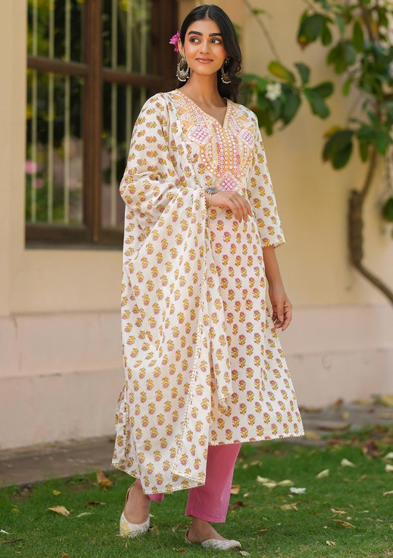 Coral Embroidered Cotton Cambric Straight Kurta Set - Indya