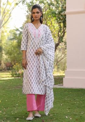 Pink Embroidered Cotton Cambric Straight Kurta Set