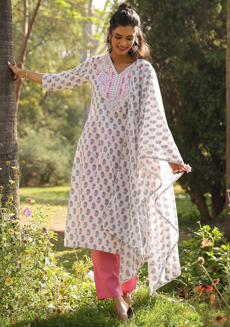 Pink Embroidered Cotton Cambric Straight Kurta Set - Indya