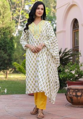 Yellow Embroidered Cotton Cambric Straight Kurta Set