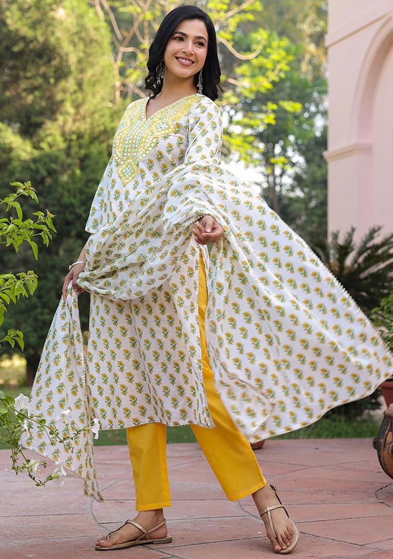 Yellow Embroidered Cotton Cambric Straight Kurta Set - Indya